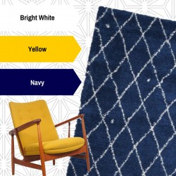 Bright white, yellow, and navy are a timeless color combo with area rugs