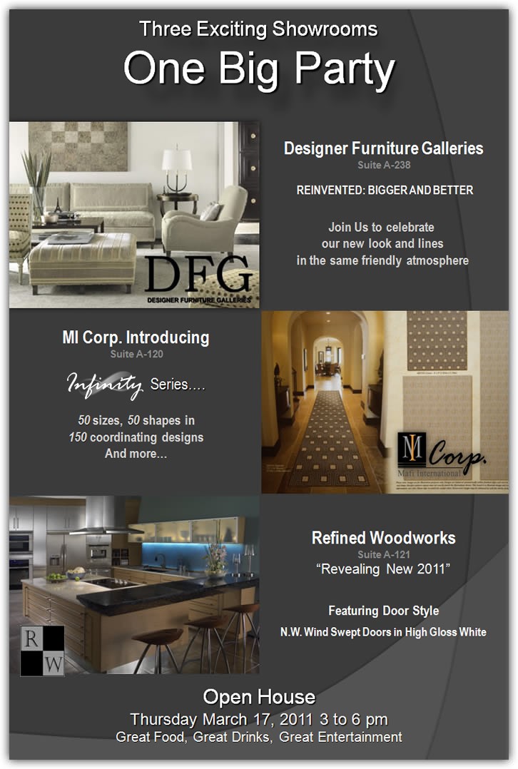 Three Exciting Showrooms, One Big Party - MI Corp. Introducing Infinity Series to interior designers; 50 sizes, 50 shapes in 150 coordinating designs and more...