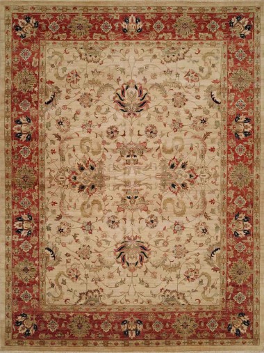 Traditional Ivory/White Wool Area Rug: Regal Babalonian 182285: Ivory/Red (Hand-Knotted Area Rug)