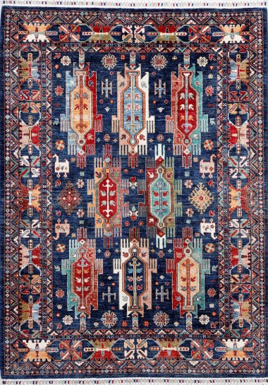 Bohemian/Traditional Blue/Navy Wool Area Rug: Karachi Lahore 20044: Navy/Multi (Hand-Knotted Area Rug)