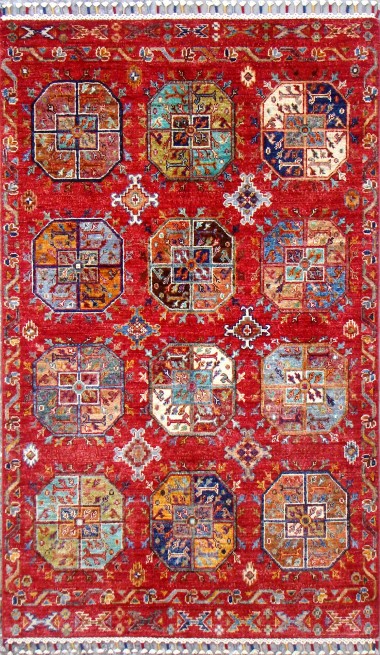 Bohemian/Traditional Red/Burgundy Wool Area Rug: Karachi Lahore 4824: Red (Hand-Knotted Area Rug)