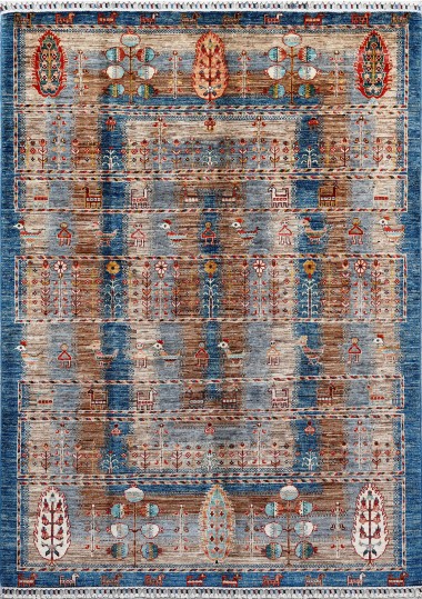 Bohemian Blue/Navy Wool Area Rug: Karachi Lahore 5639: Blue/Multi (Hand-Knotted Area Rug)