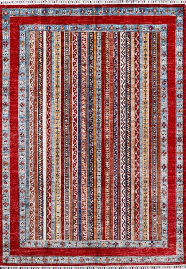 Bohemian/Traditional Red/Burgundy Wool Area Rug: Karachi Lahore 5696: Red/Multi (Hand-Knotted Area Rug)