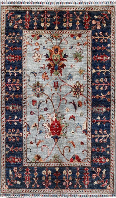 Bohemian/Traditional Grey/Silver Wool Area Rug: Karachi Lahore 6100: Slate/Navy (Hand-Knotted Area Rug)