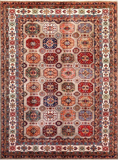 Bohemian/Traditional Ivory/White Wool Area Rug: Karachi Mughal 10367: Ivory/Ivory (Hand-Knotted Area Rug)