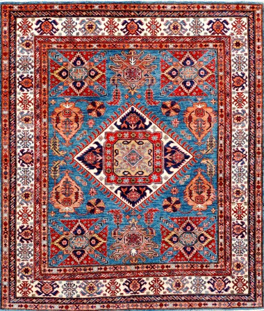 Bohemian/Traditional Blue/Navy Wool Area Rug: Karachi Mughal 10457: Light Blue/Ivory (Hand-Knotted Area Rug)