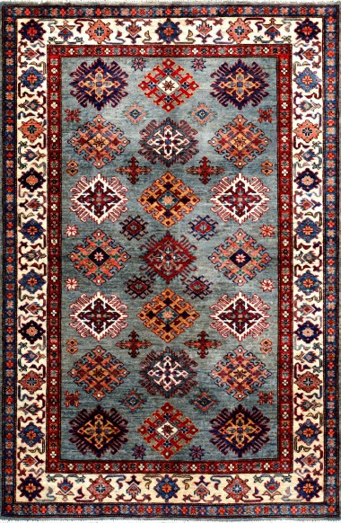 Bohemian/Traditional Blue/Navy Wool Area Rug: Karachi Mughal 10463: Light Blue/Ivory (Hand-Knotted Area Rug)