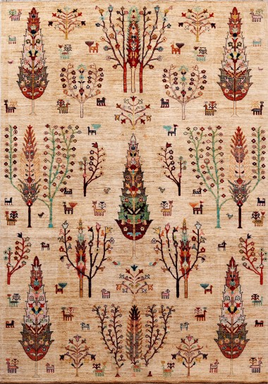 Bohemian Beige/Tan Wool Area Rug: Karachi Mughal 118: Beige (Hand-Knotted Area Rug)