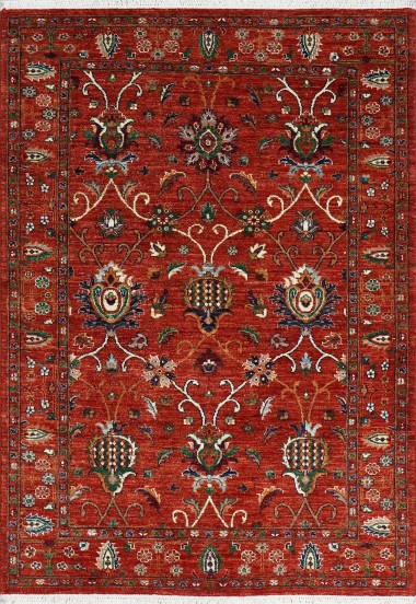 Traditional Red/Burgundy Wool Area Rug: Karachi Mughal 154: Red (Hand-Knotted Area Rug)