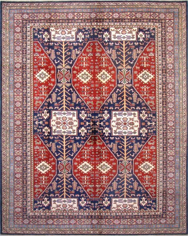 Bohemian/Traditional Red/Burgundy Wool Area Rug: Karachi Mughal 5647: Red/Navy (Hand-Knotted Area Rug)