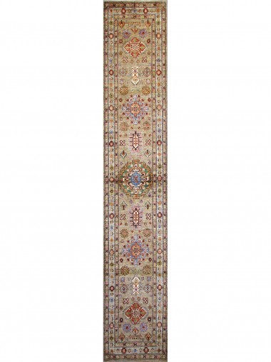Bohemian/Traditional Beige/Tan Wool Area Rug: Karachi Mughal 5663: Beige/Multi (Hand-Knotted Area Rug)