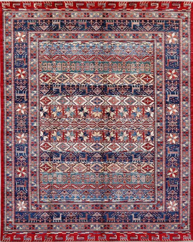 Bohemian/Traditional Blue/Navy Wool Area Rug: Karachi Mughal 5773: Navy/Multi (Hand-Knotted Area Rug)