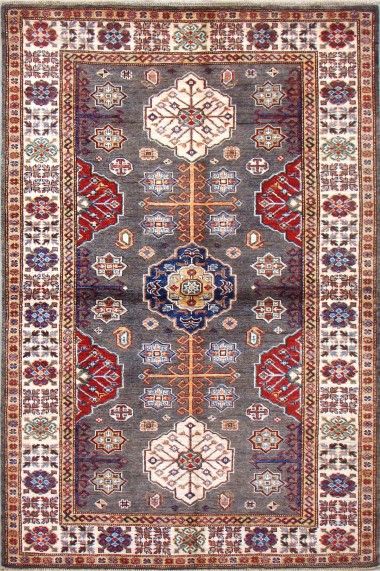 Bohemian/Traditional Grey/Silver Wool Area Rug: Karachi Mughal 7526: Grey/Ivory (Hand-Knotted Area Rug)