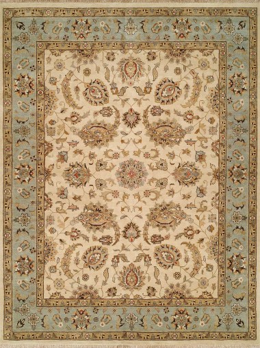 Traditional Ivory/White Wool Area Rug: Regal Phocelia 1816889: Ivory/Blue (Hand-Knotted Area Rug)
